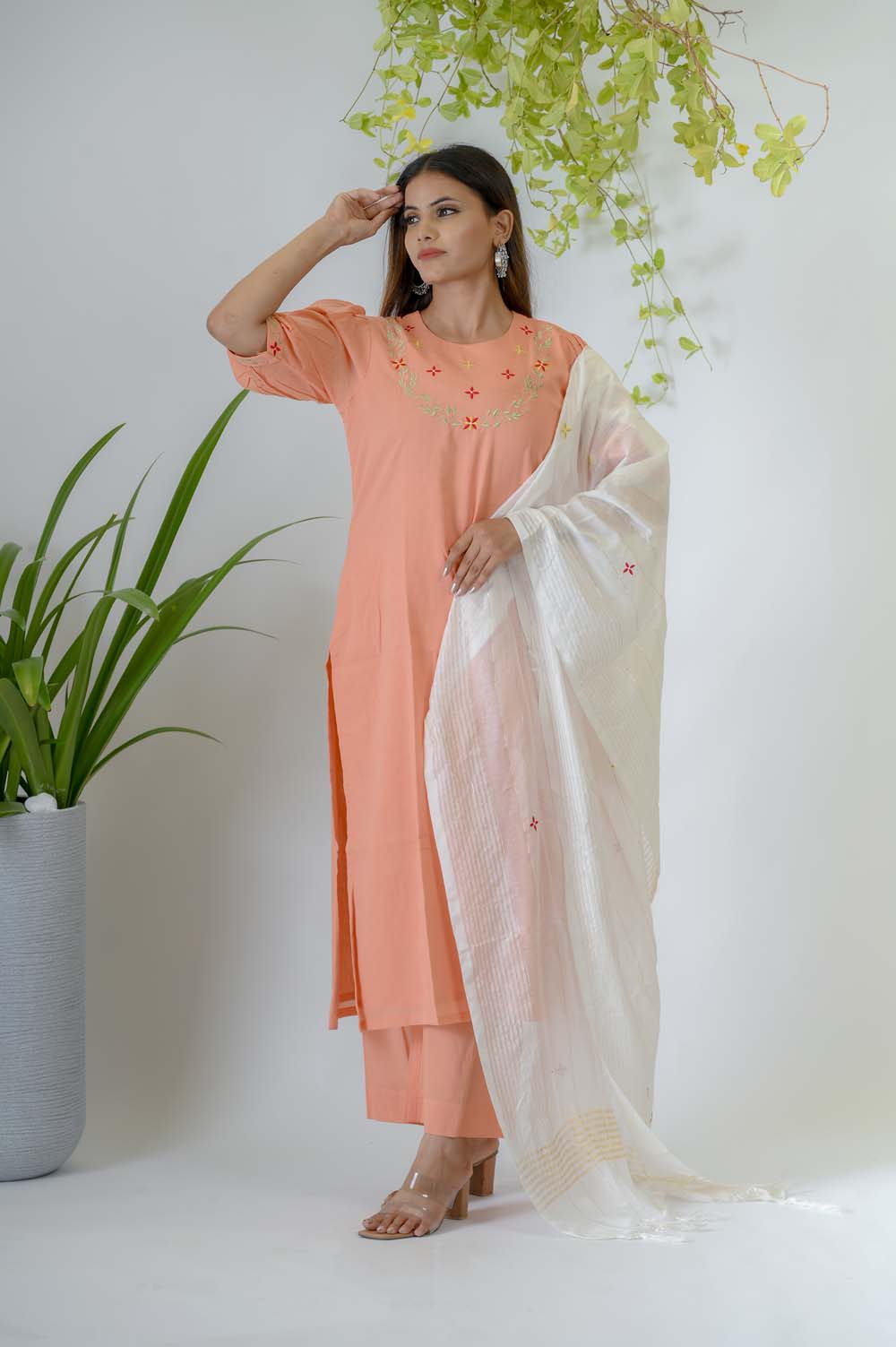 Peach Voile Kurta Set For Women with Silk Thread & Zari Embroidery - Front View | Oopnik