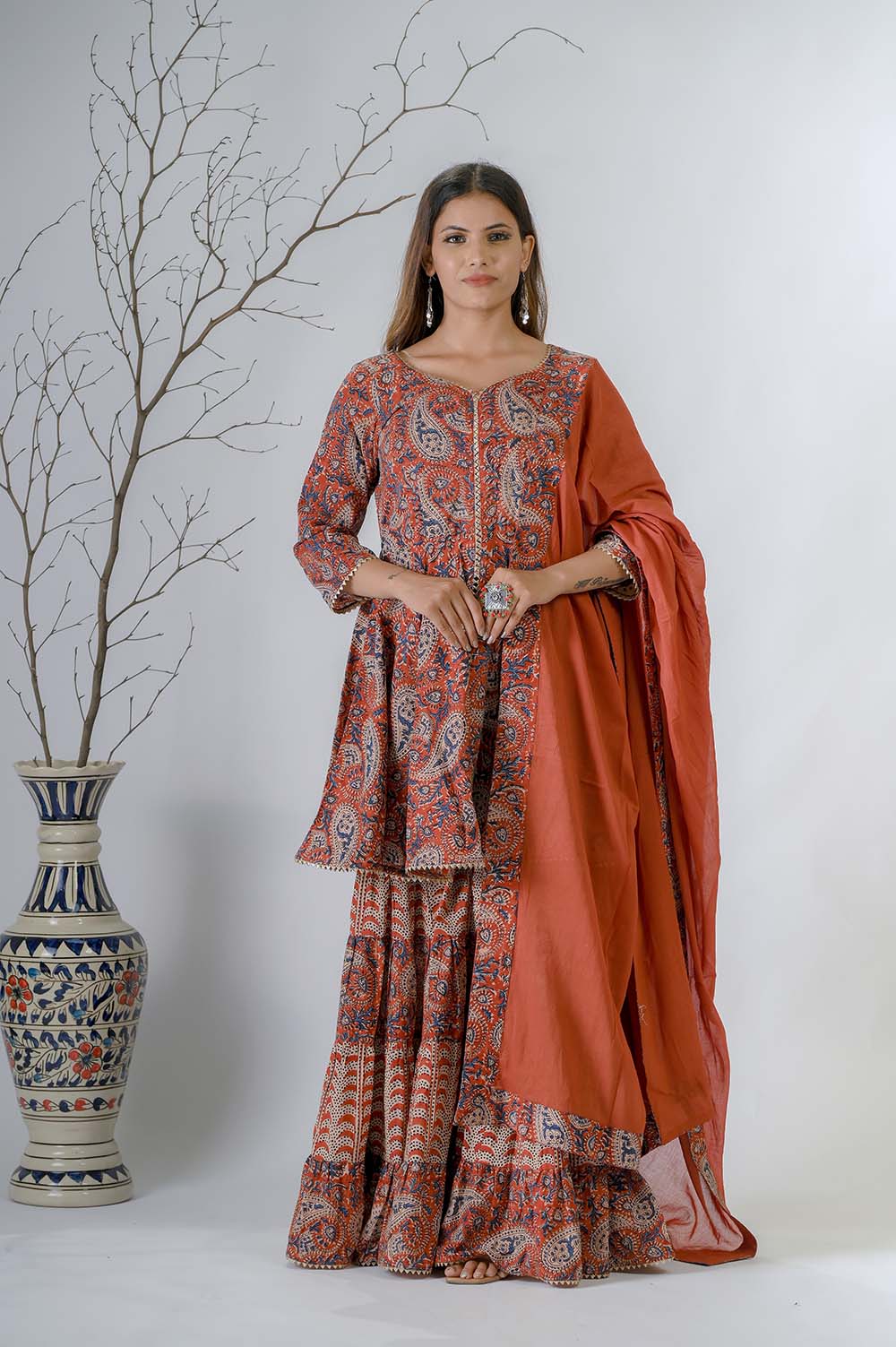 Red Hand Block Bagru Print Sharara Set for women - Front View | Oopnik