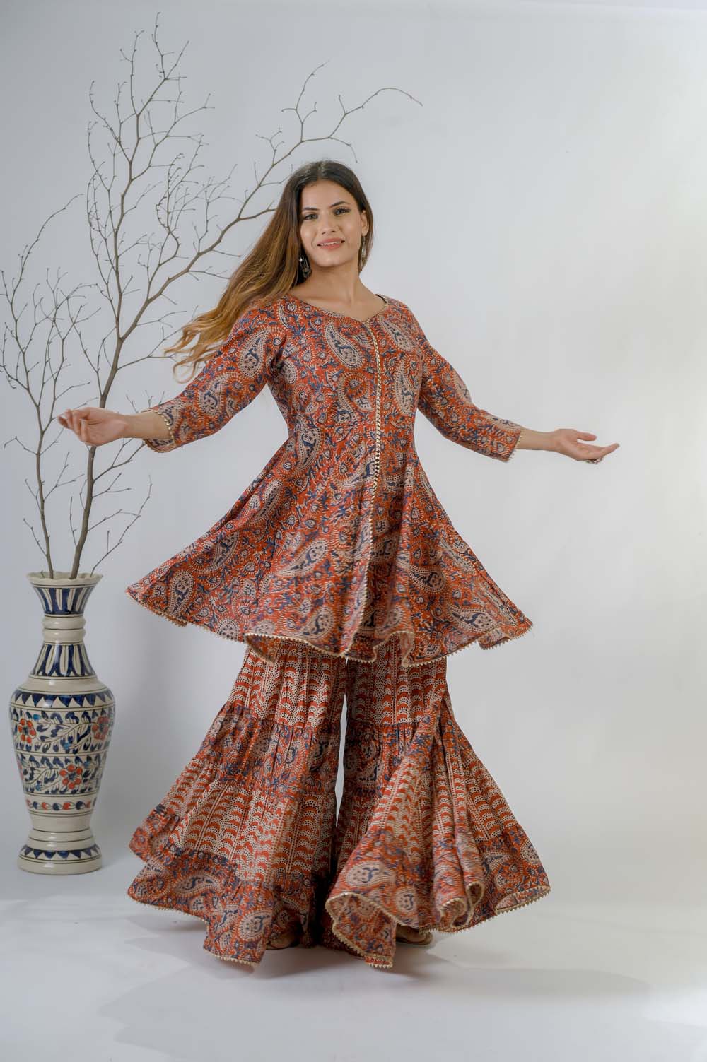 Red Hand Block Bagru Print Sharara Set for women - Styled | Oopnik
