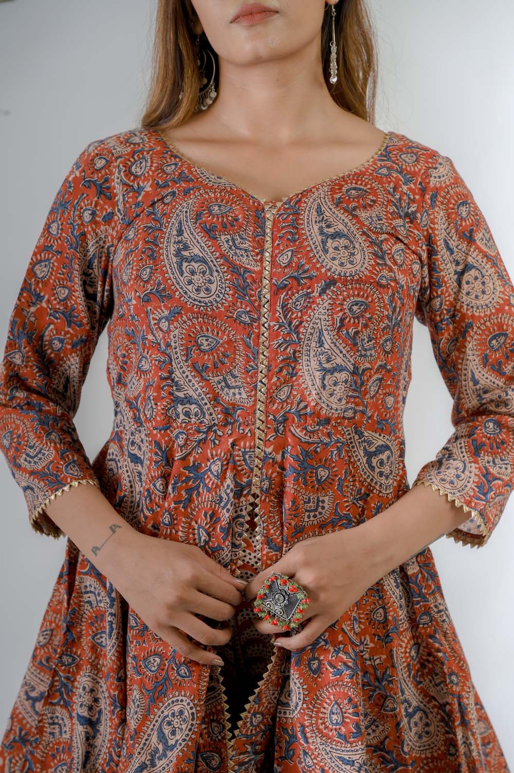 Red Hand Block Bagru Print Sharara Set for women - Closeup | Oopnik