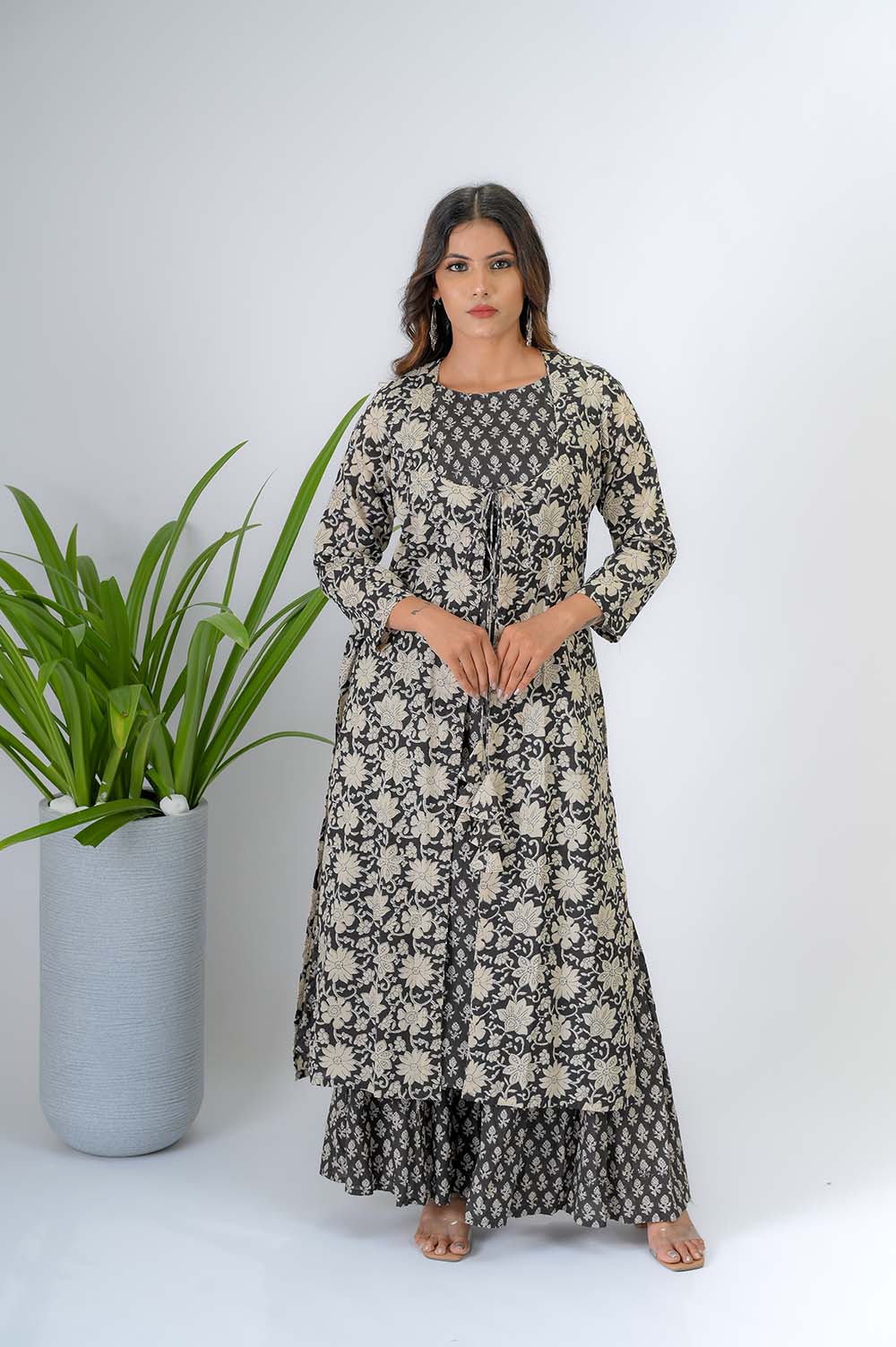 Black Hand Block Bagru Print Sharara Set with Kurta & Jacket - Front View | Oopnik