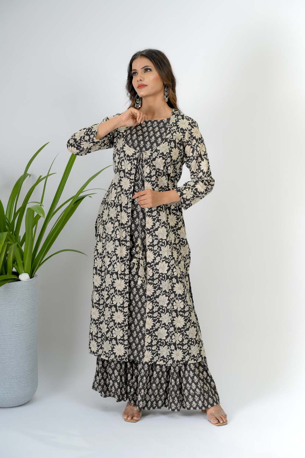 Black Hand Block Bagru Print Sharara Set with Kurta & Jacket - Front View | Oopnik
