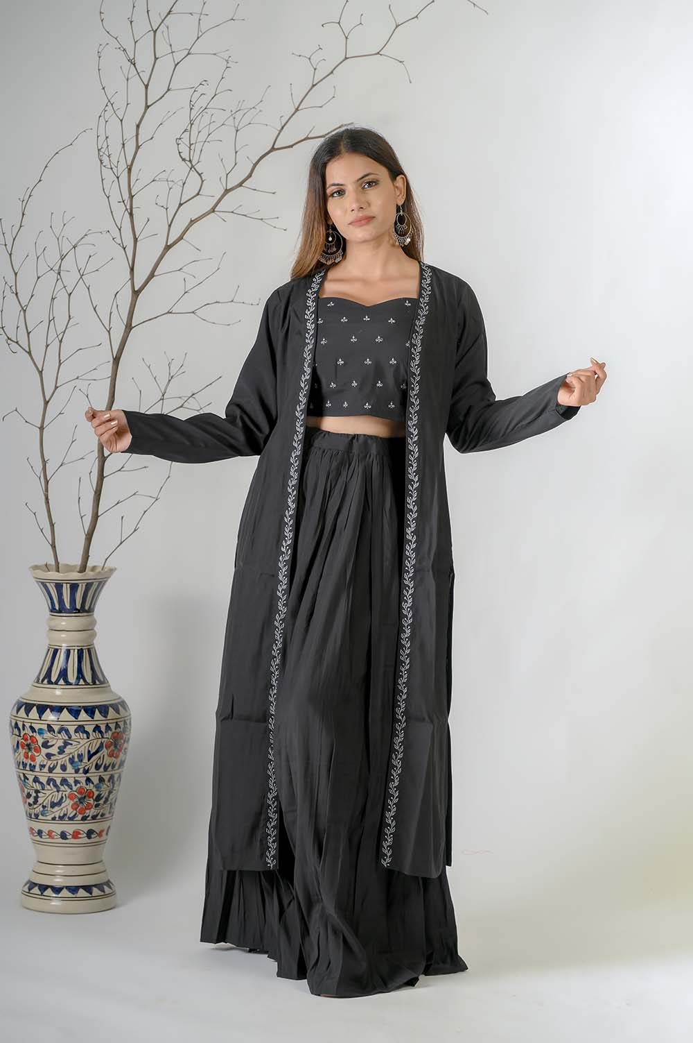 Black Silk Lehenga set for weddings with Silver Zari Jacket - Front View | Oopnik