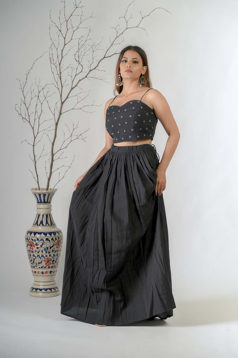 Black Silk Lehenga set for weddings with Silver Zari Jacket - Side View | Oopnik