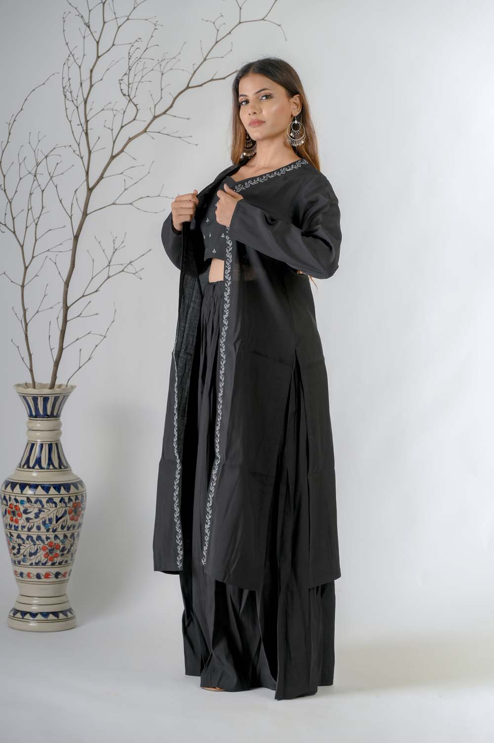 Black Silk Lehenga set for weddings with Silver Zari Jacket - Side View | Oopnik