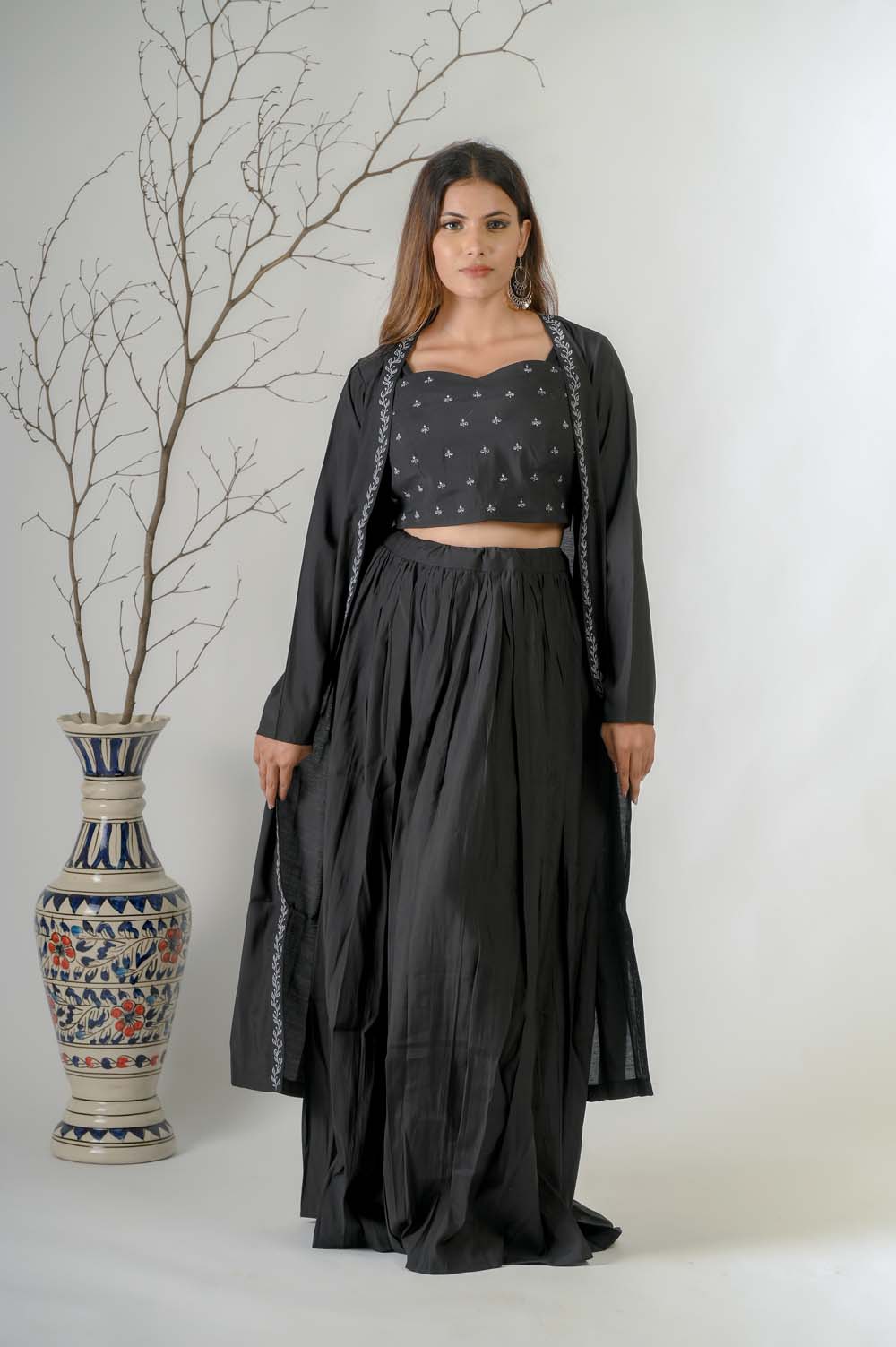 Black Silk Lehenga set for weddings with Silver Zari Jacket - Front View | Oopnik