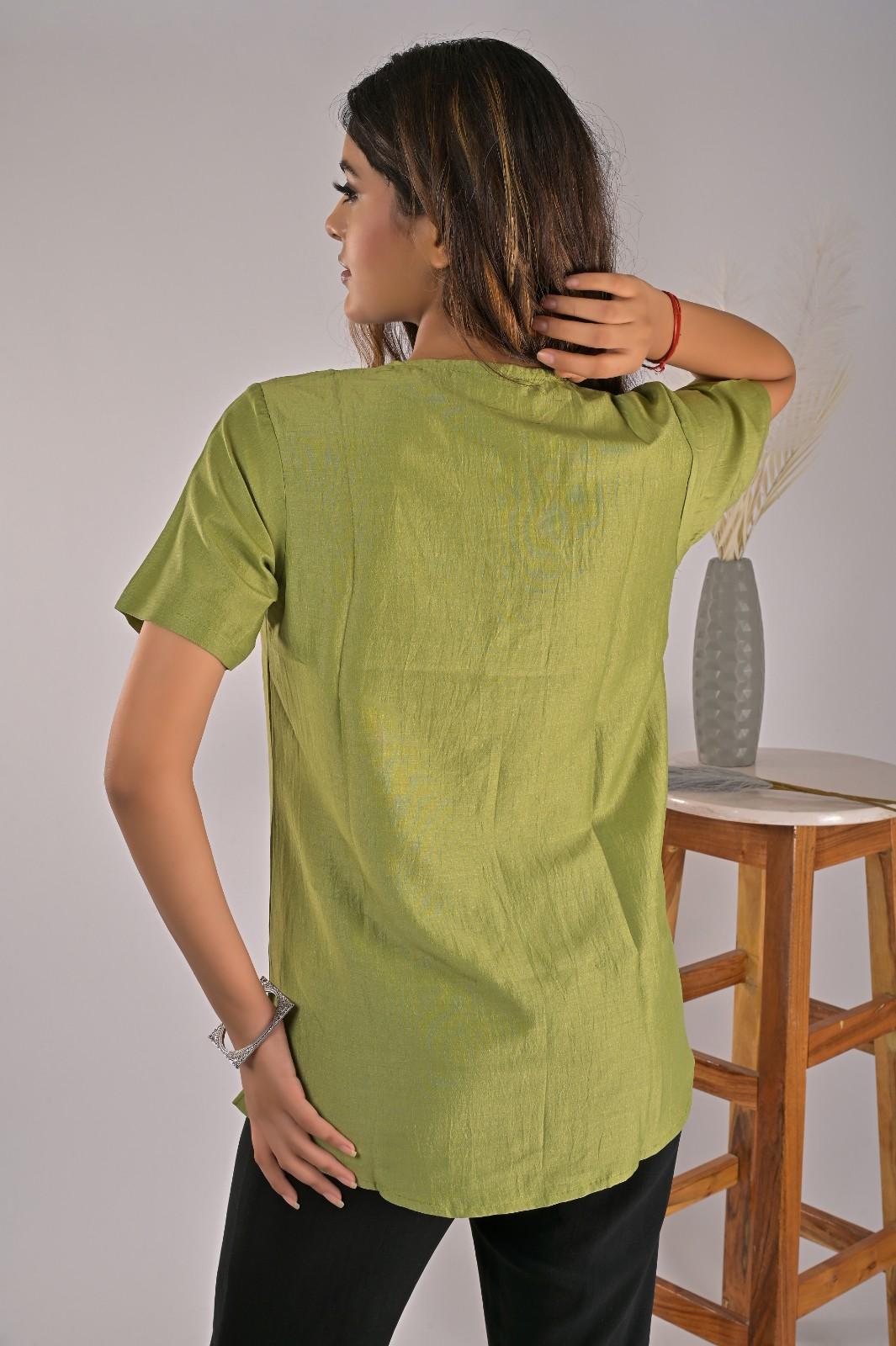 Green Crepe Formal Shirt For Women - Back Design | Oopnik