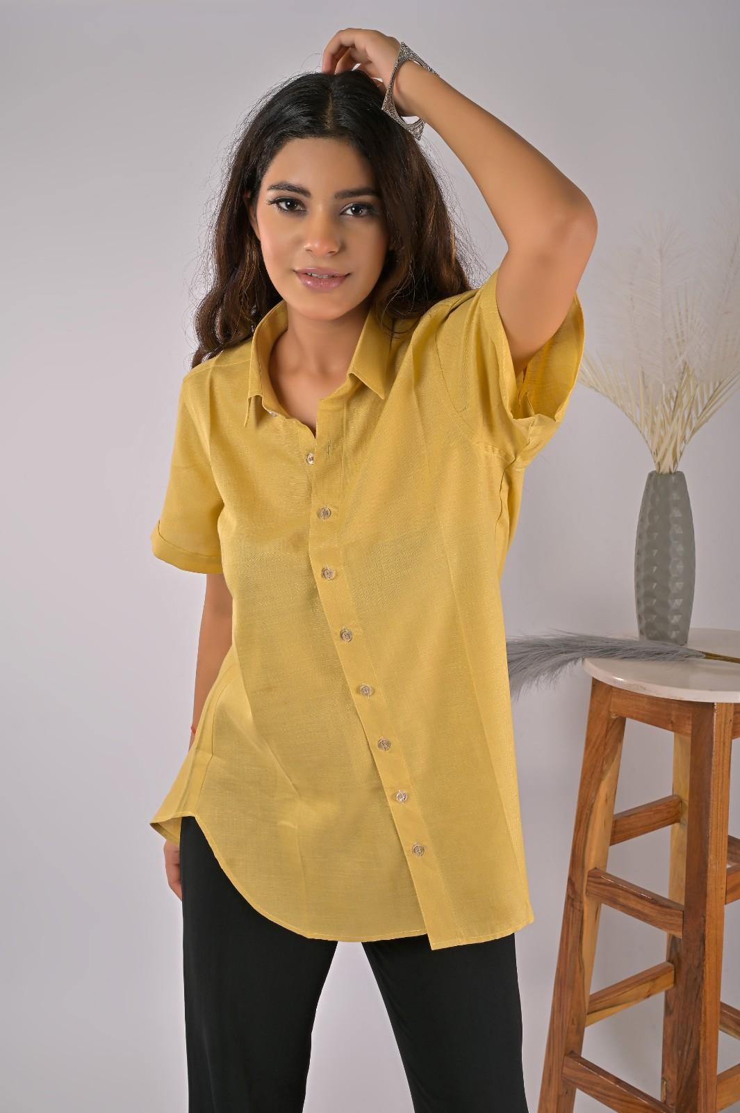 Trendy Yellow Formal Shirt For Women - Front Closeup | OOPNIK