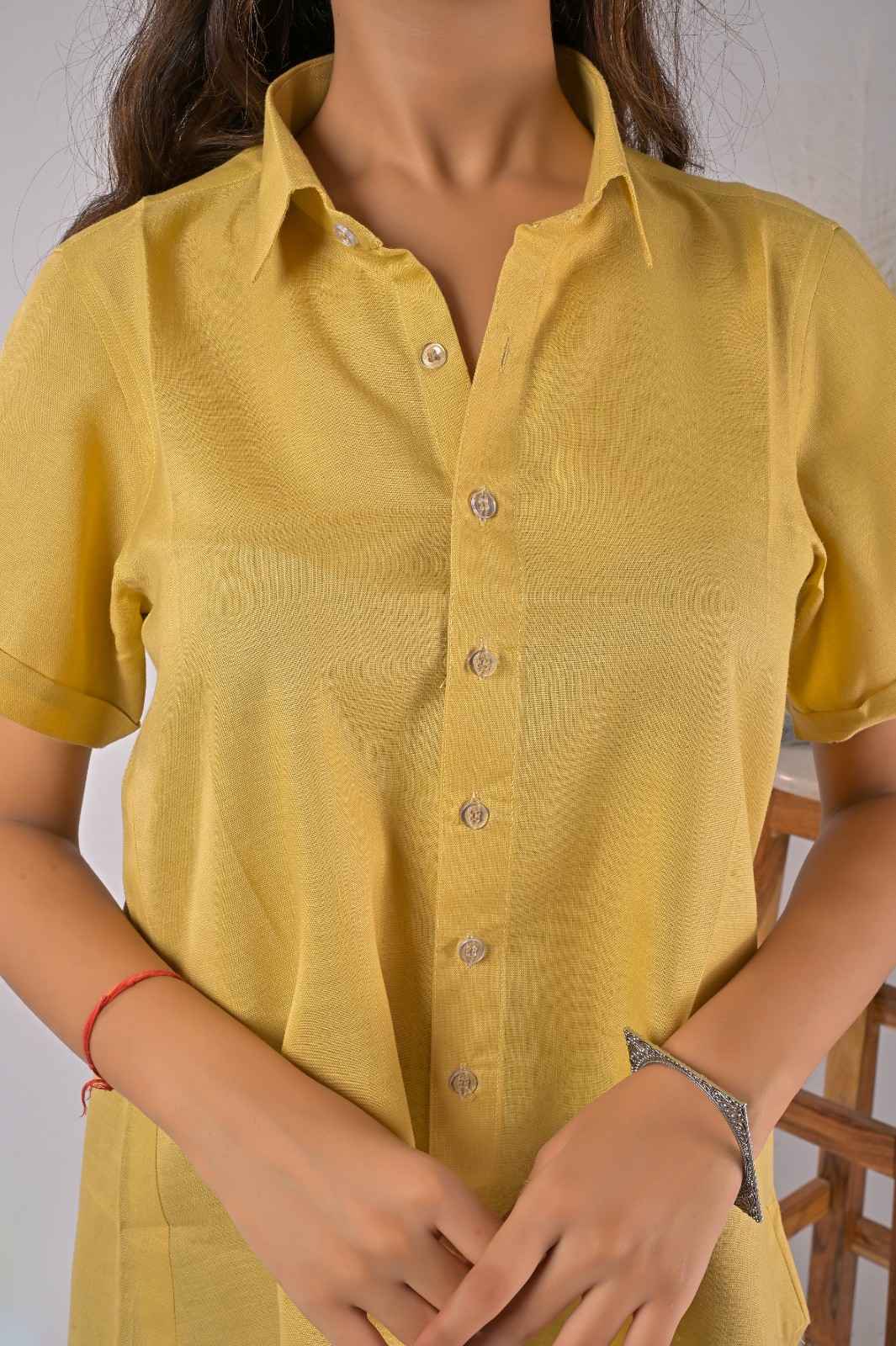 Trendy Yellow Formal Shirt For Women - Neck Design | OOPNIK