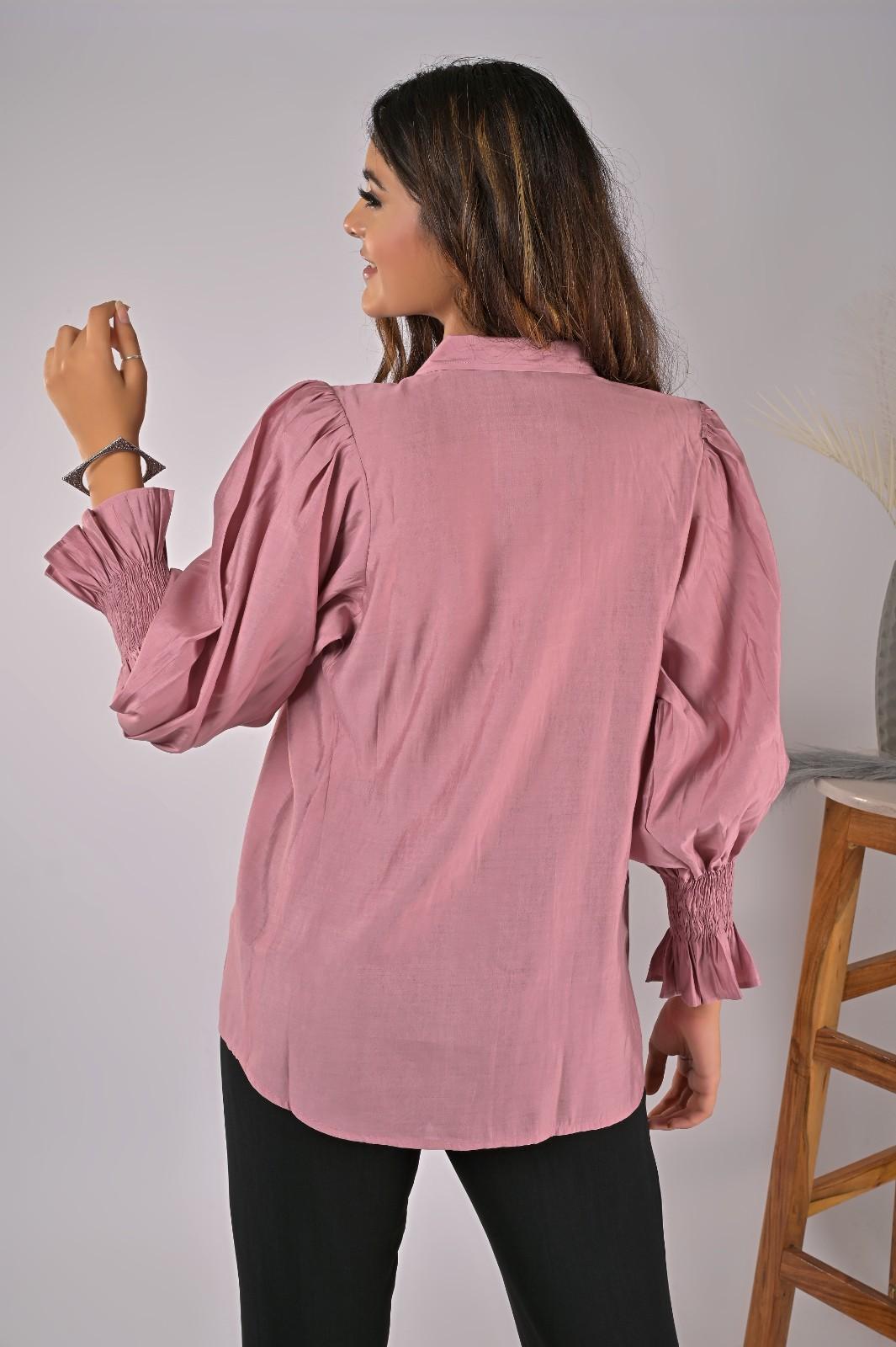 Pink Crepe Balloon Sleeve Casual Wear Shirt for Women - Back Design | OOPNIK