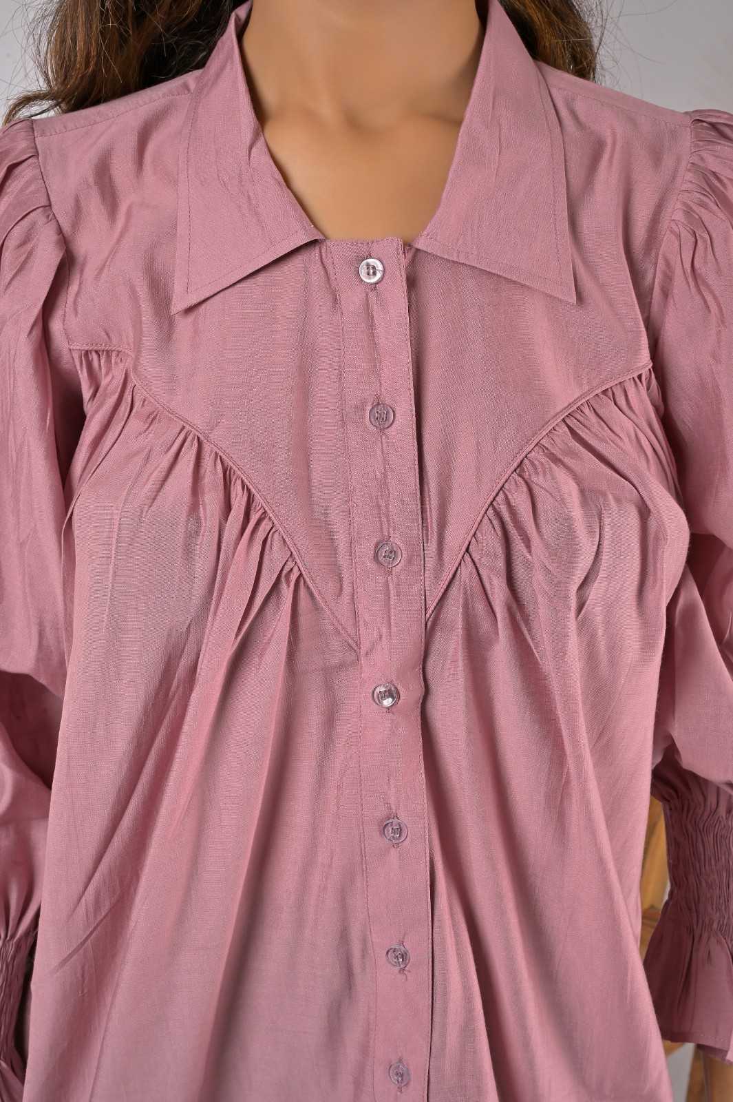 Pink Crepe Balloon Sleeve Casual Wear Shirt for Women - Neck Design | OOPNIK