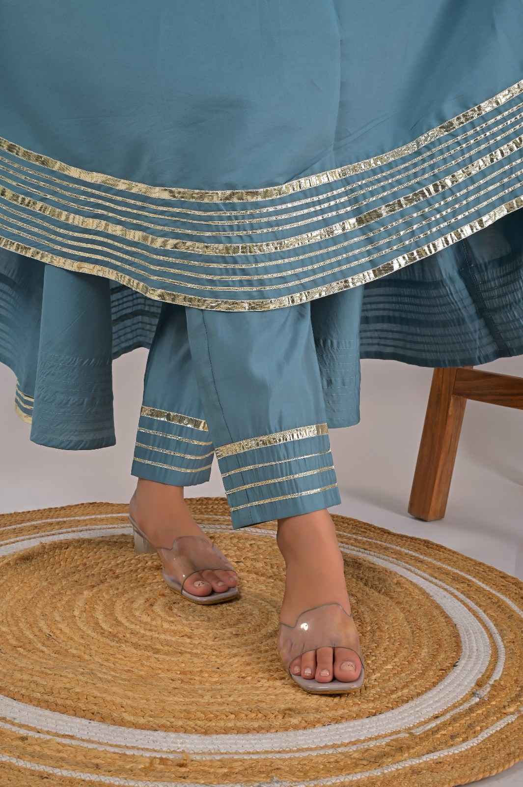 Sky Blue Festive Wear Anarkali Kurta Set with Gotta Work - Fabric detail | Oopnik