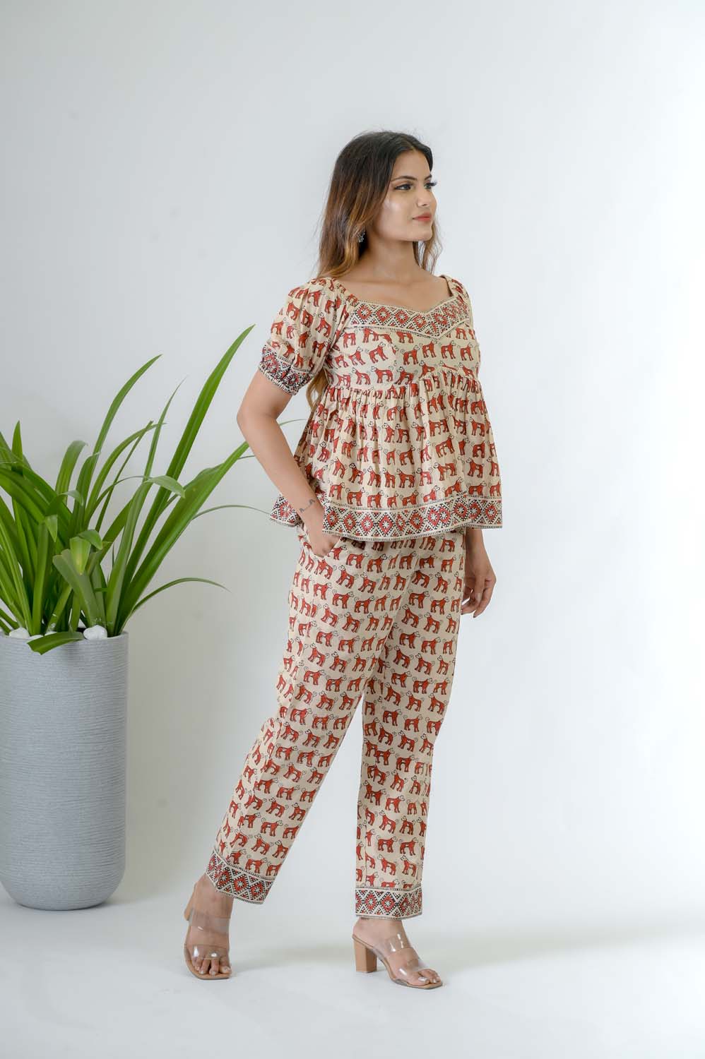 Beige Printed Cotton Co-ord Set for Women - Side View | Oopnik