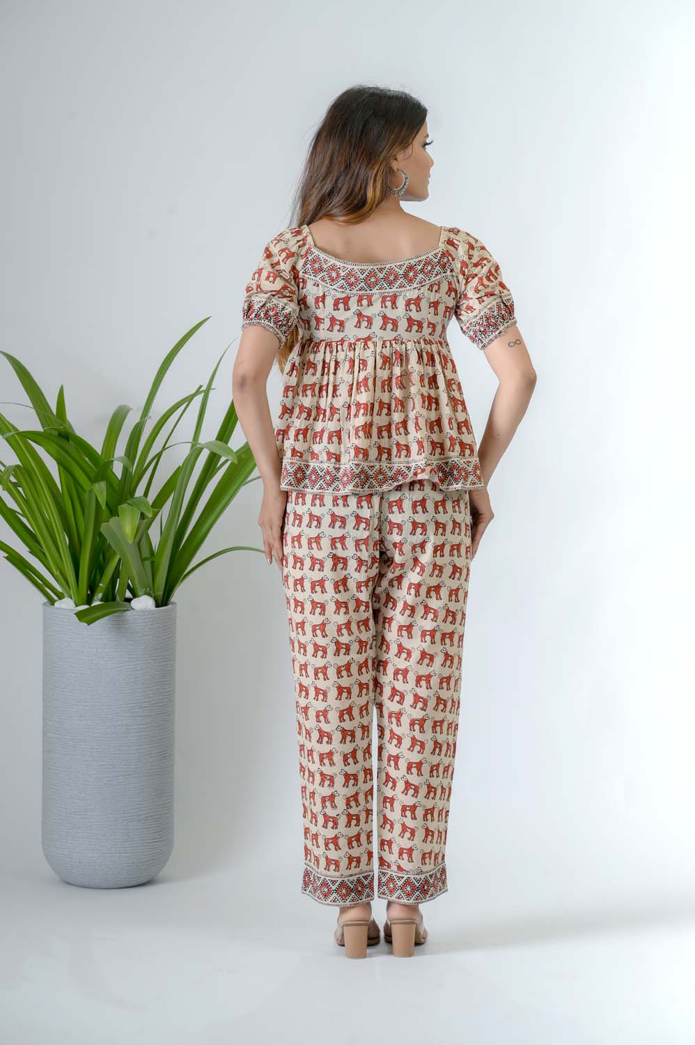 Beige Printed Cotton Co-ord Set for Women - Back View | Oopnik