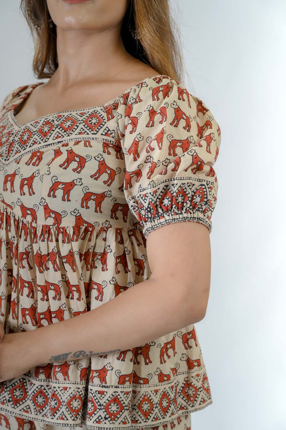 Beige Printed Cotton Co-ord Set for Women - Sleeves Design | Oopnik