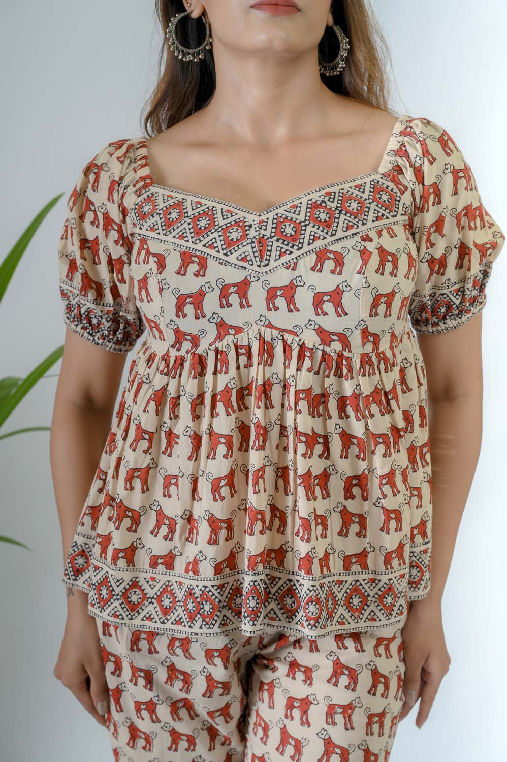 Beige Printed Cotton Co-ord Set for Women - Closeup | Oopnik