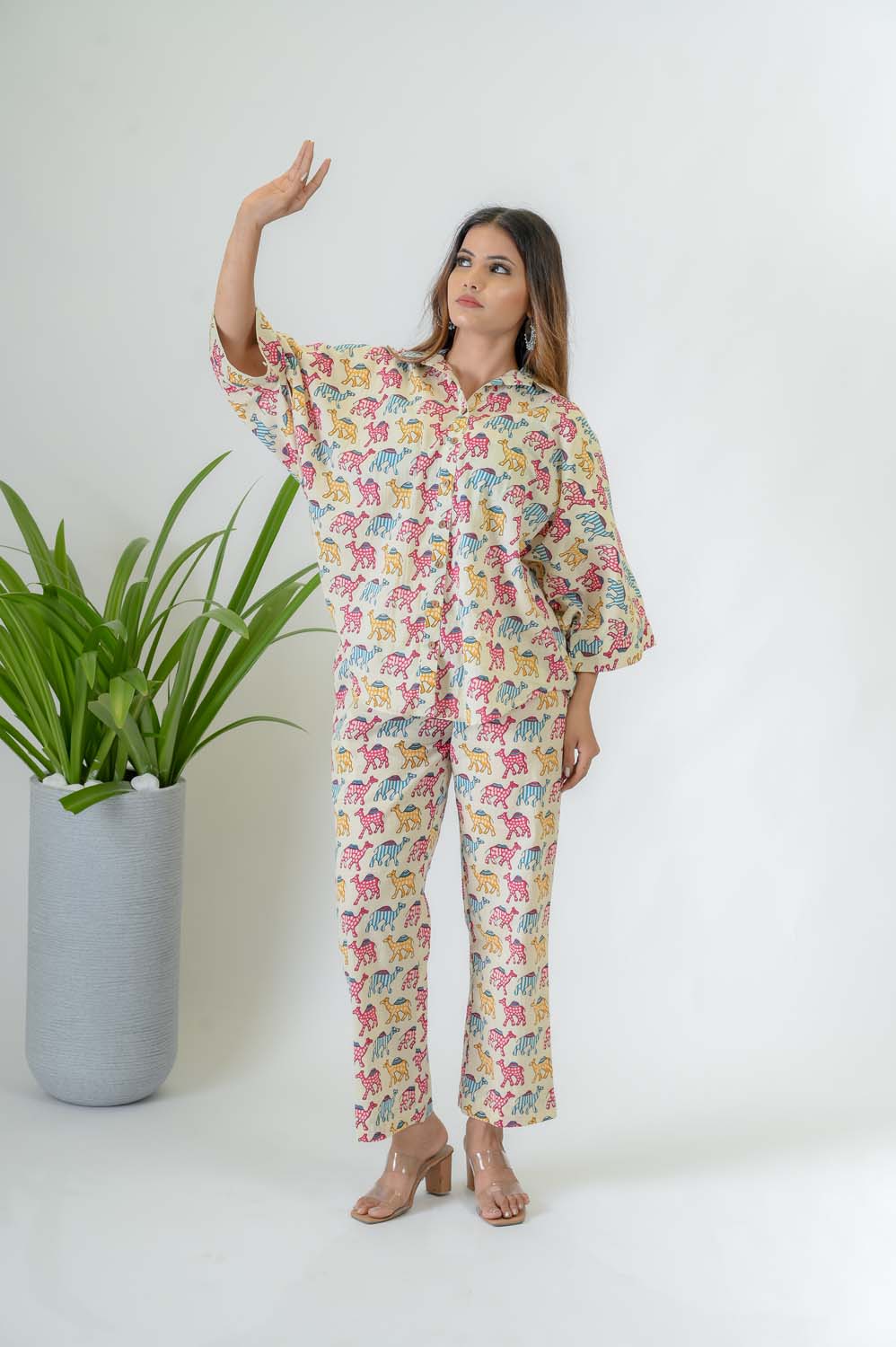 Cotton Printed Kimono sleeves Shirt Co-ord Set For Women - Front View | Oopnik