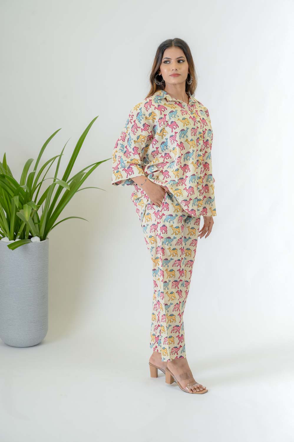 Cotton Printed Kimono sleeves Shirt Co-ord Set For Women - Side View | Oopnik