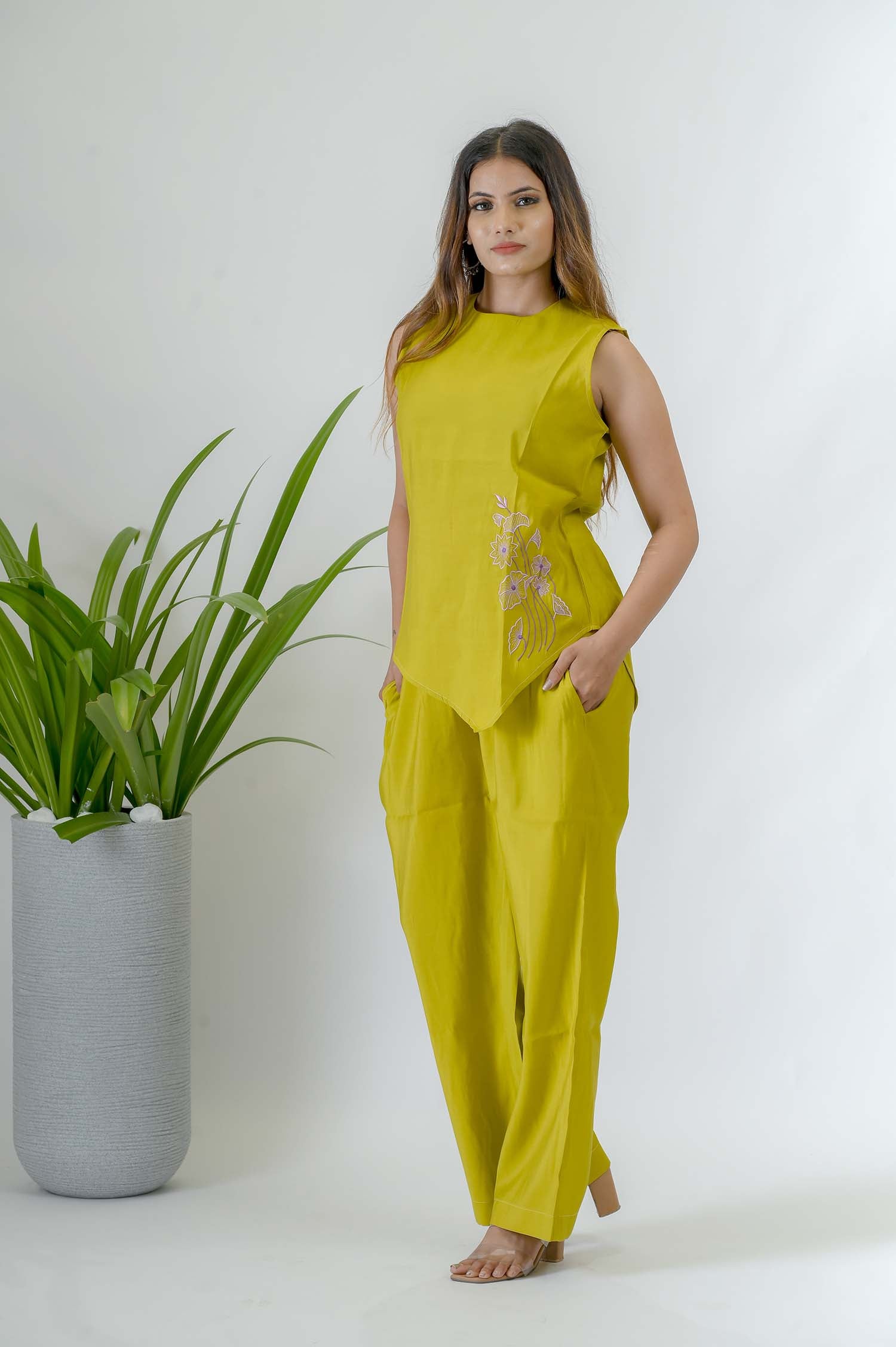 Mustard Crepe Festive Coord Set For Women - Side View | Oopnik