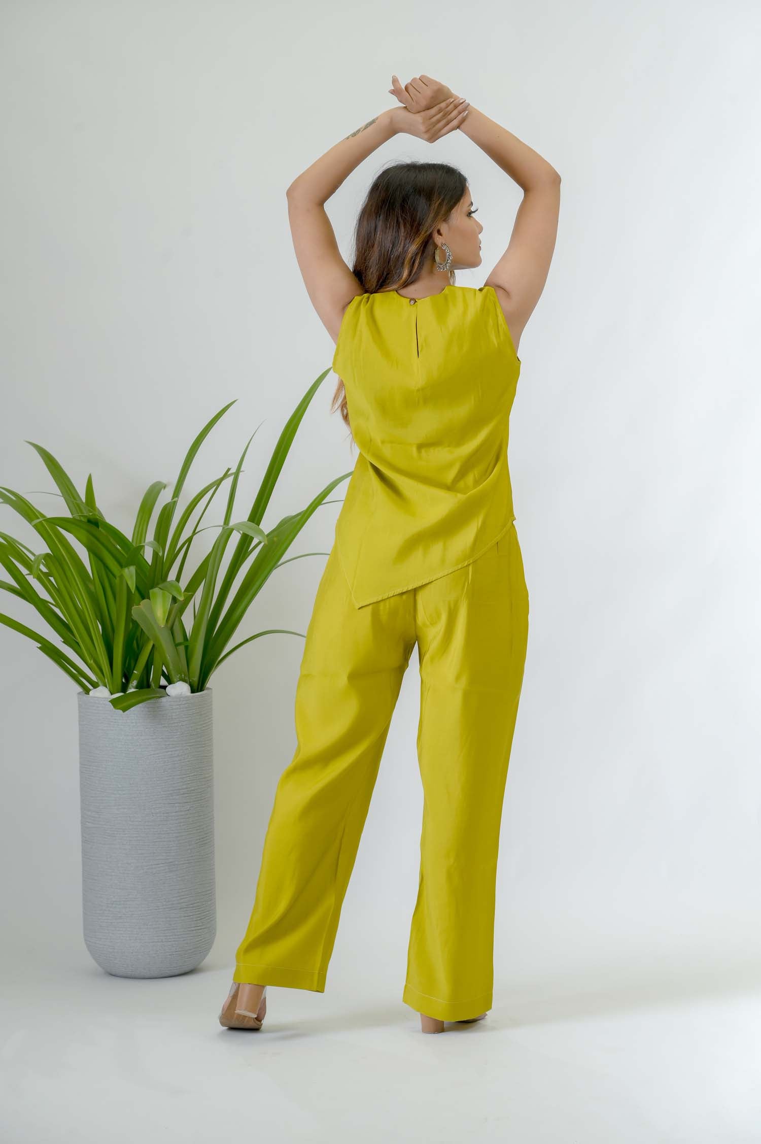 Mustard Crepe Festive Coord Set For Women - Back View | Oopnik