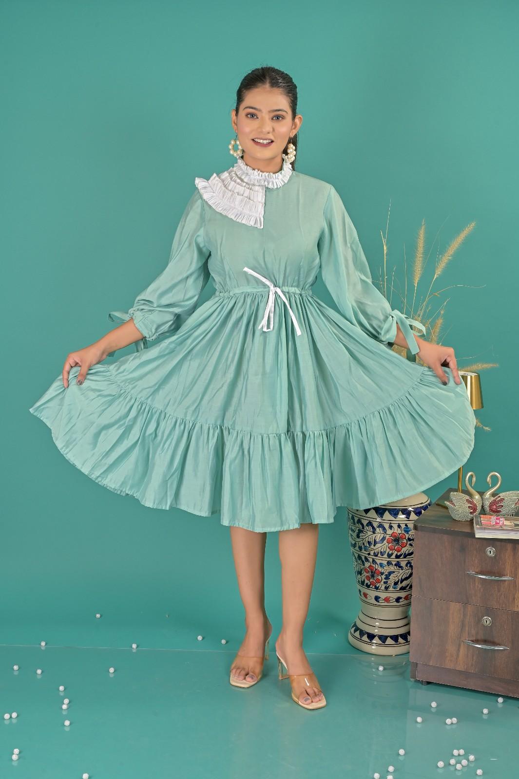 Casual Wear Sky Blue Tiered Short Dress For Women - Styled Outfit | OOPNIK