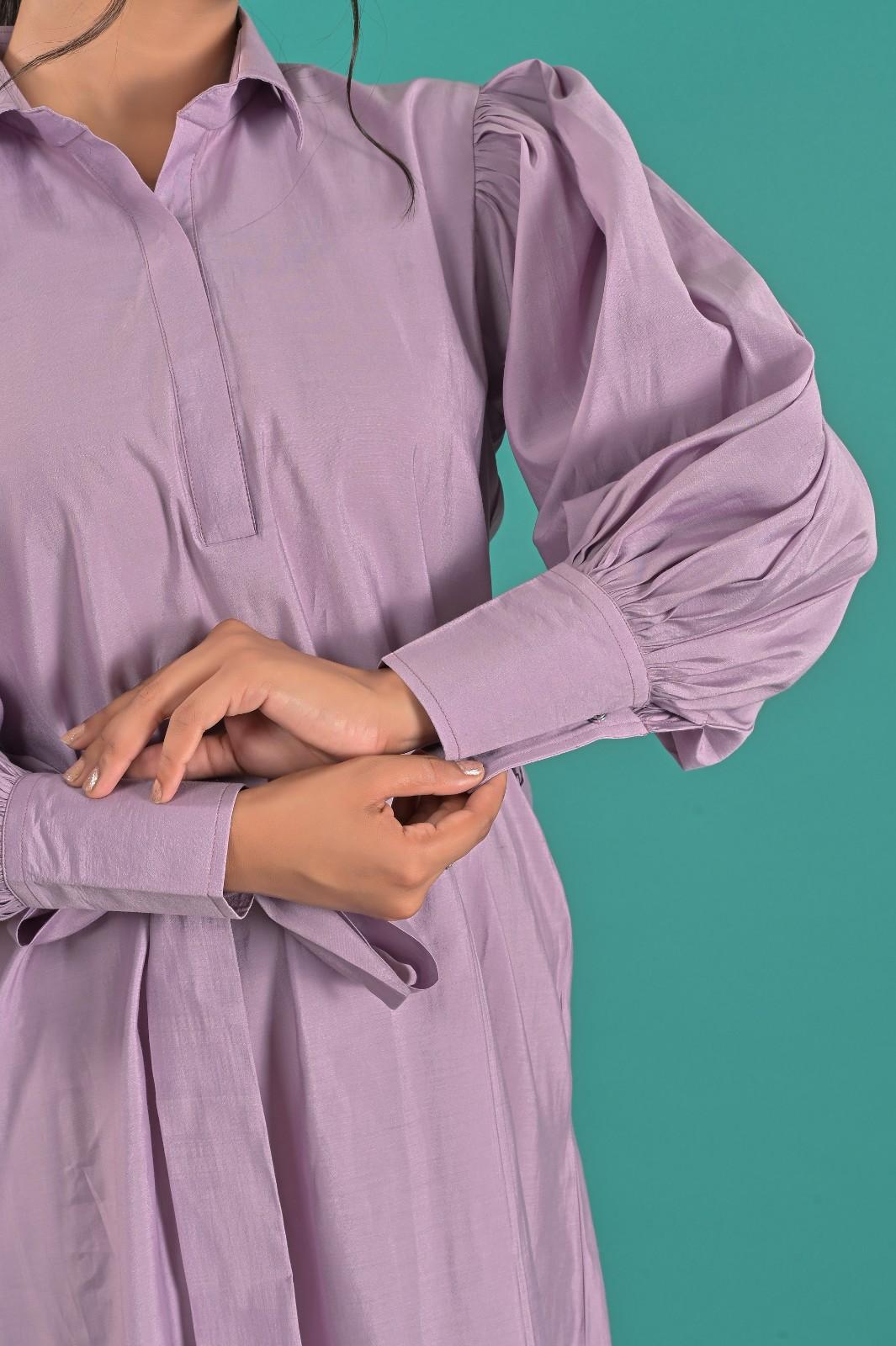 Casual Wear Lavender Shirt Style Dress For Women - Sleeves Closeup | OOPNIK