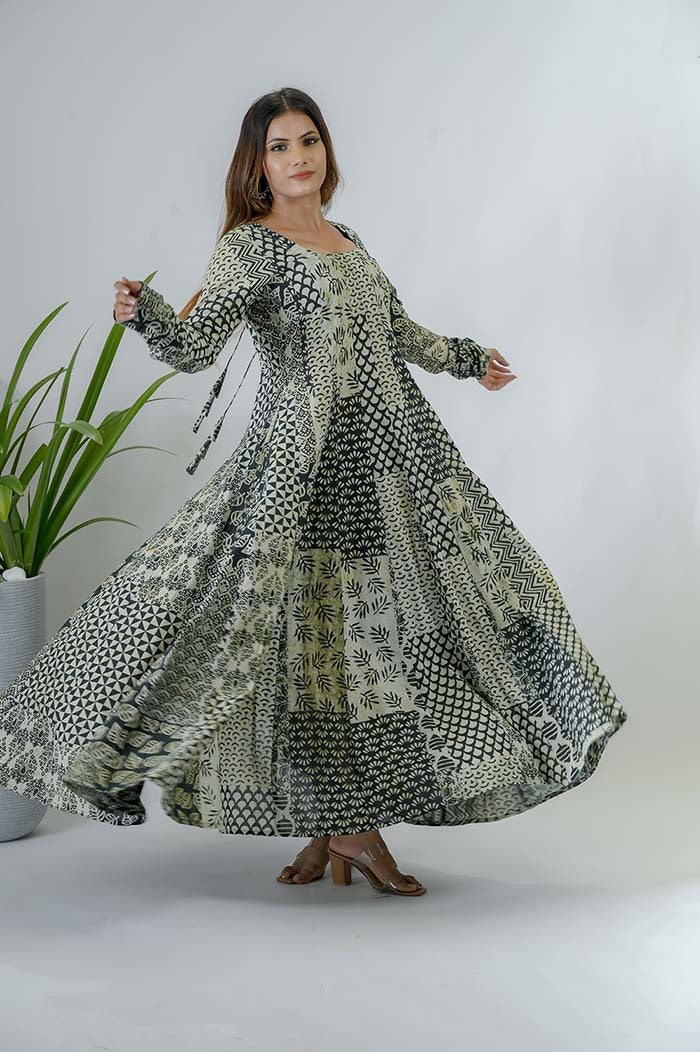Printed Cotton Anarkali Dress For Women - Side View | Oopnik