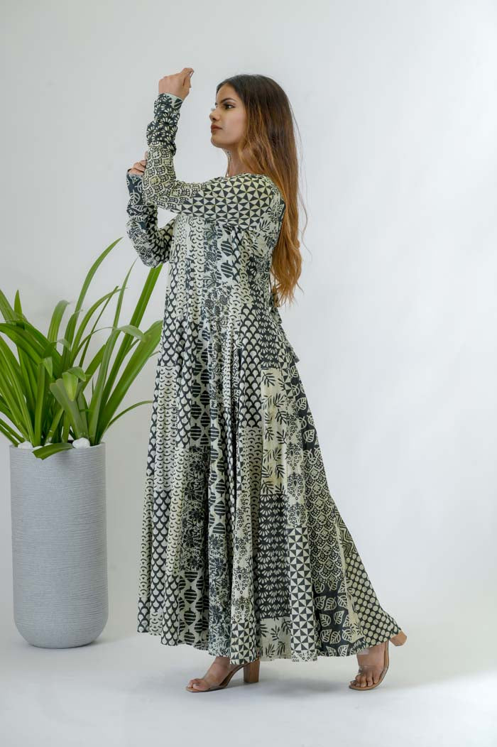 Printed Cotton Anarkali Dress For Women - Side View | Oopnik