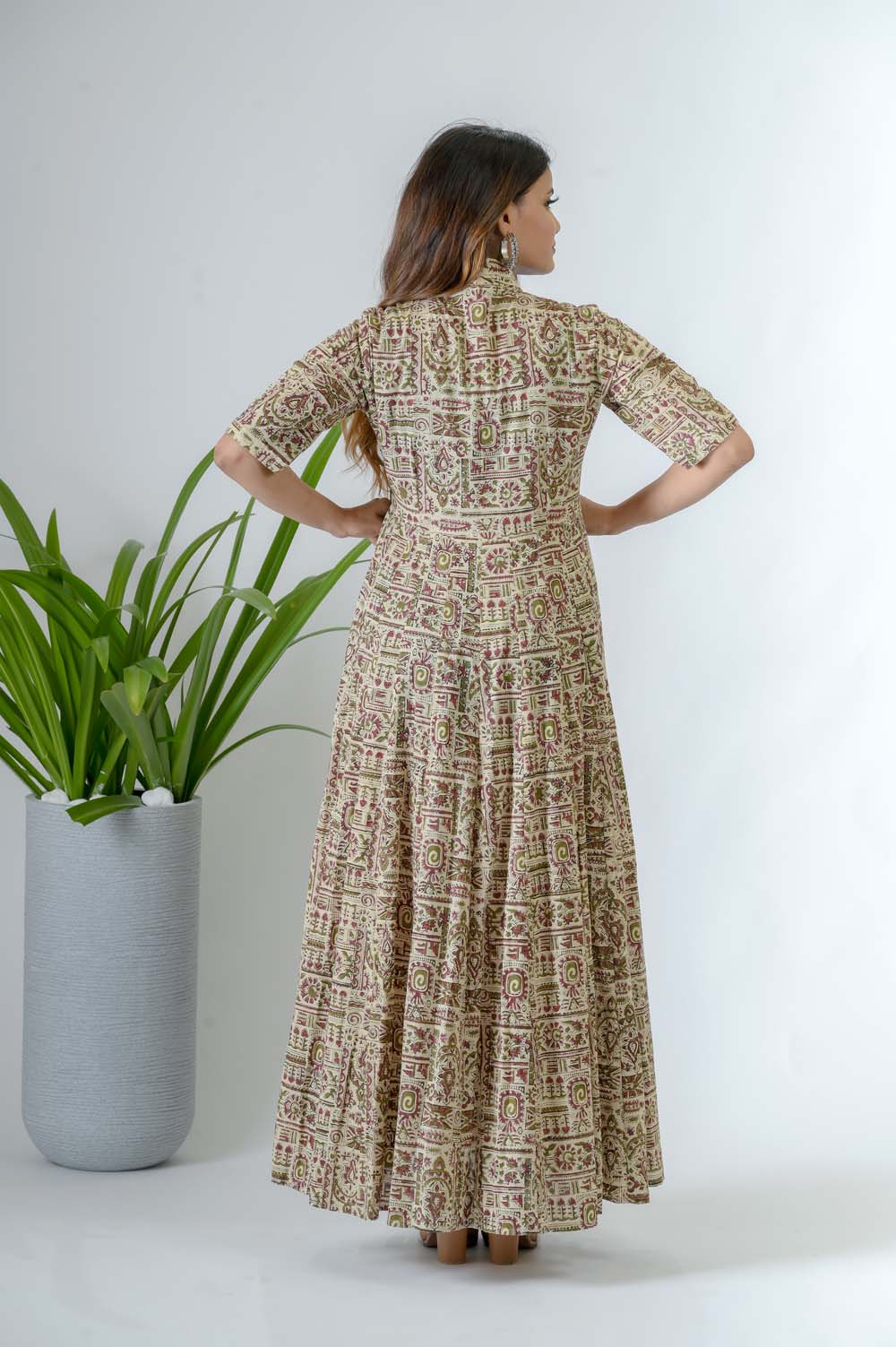 Green Bagru Print Cotton A-Line Dress -  Back View | Oopnik