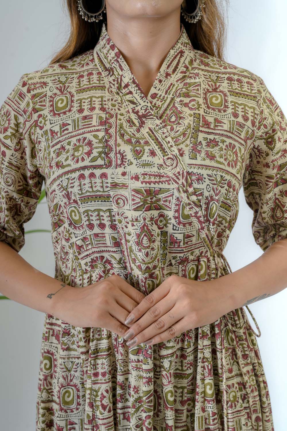 Green Bagru Print Cotton A-Line Dress -  Closeup View | Oopnik