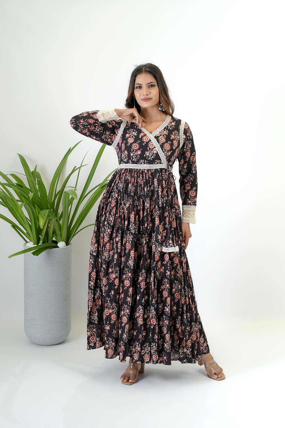 Angrakha Full Length Cotton Dress -  Front View | Oopnik