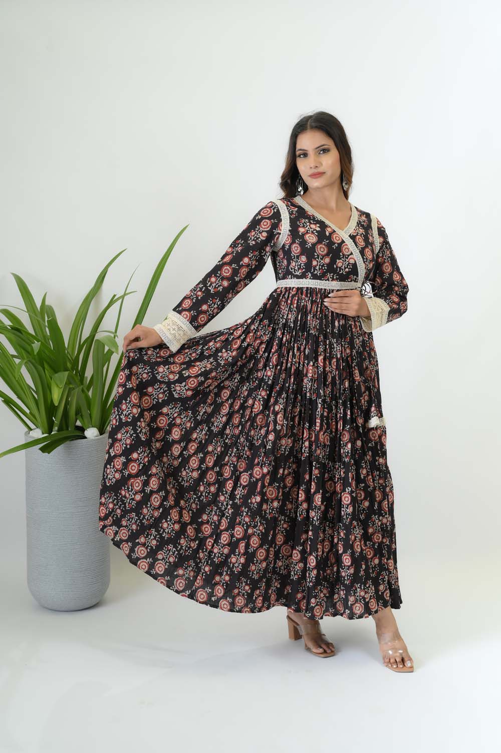 Angrakha Full Length Cotton Dress -  Side View | Oopnik