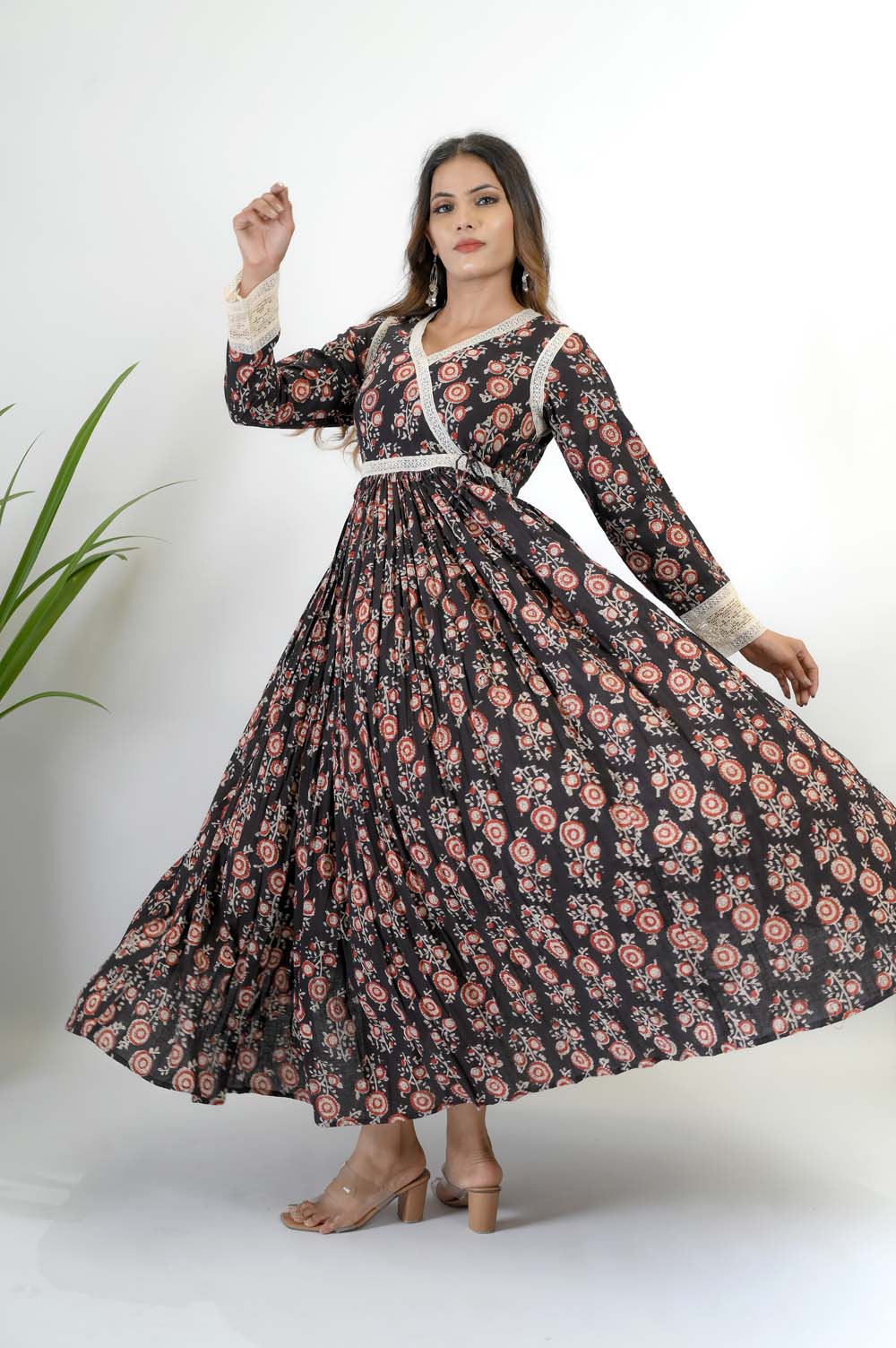 Angrakha Full Length Cotton Dress -  Side View | Oopnik