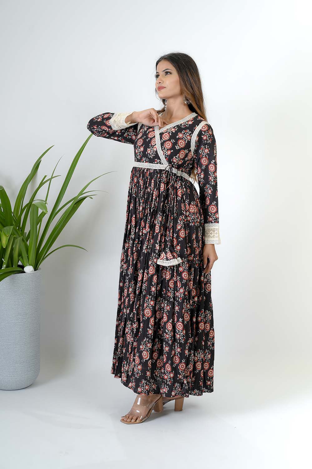 Angrakha Full Length Cotton Dress -  Side View | Oopnik