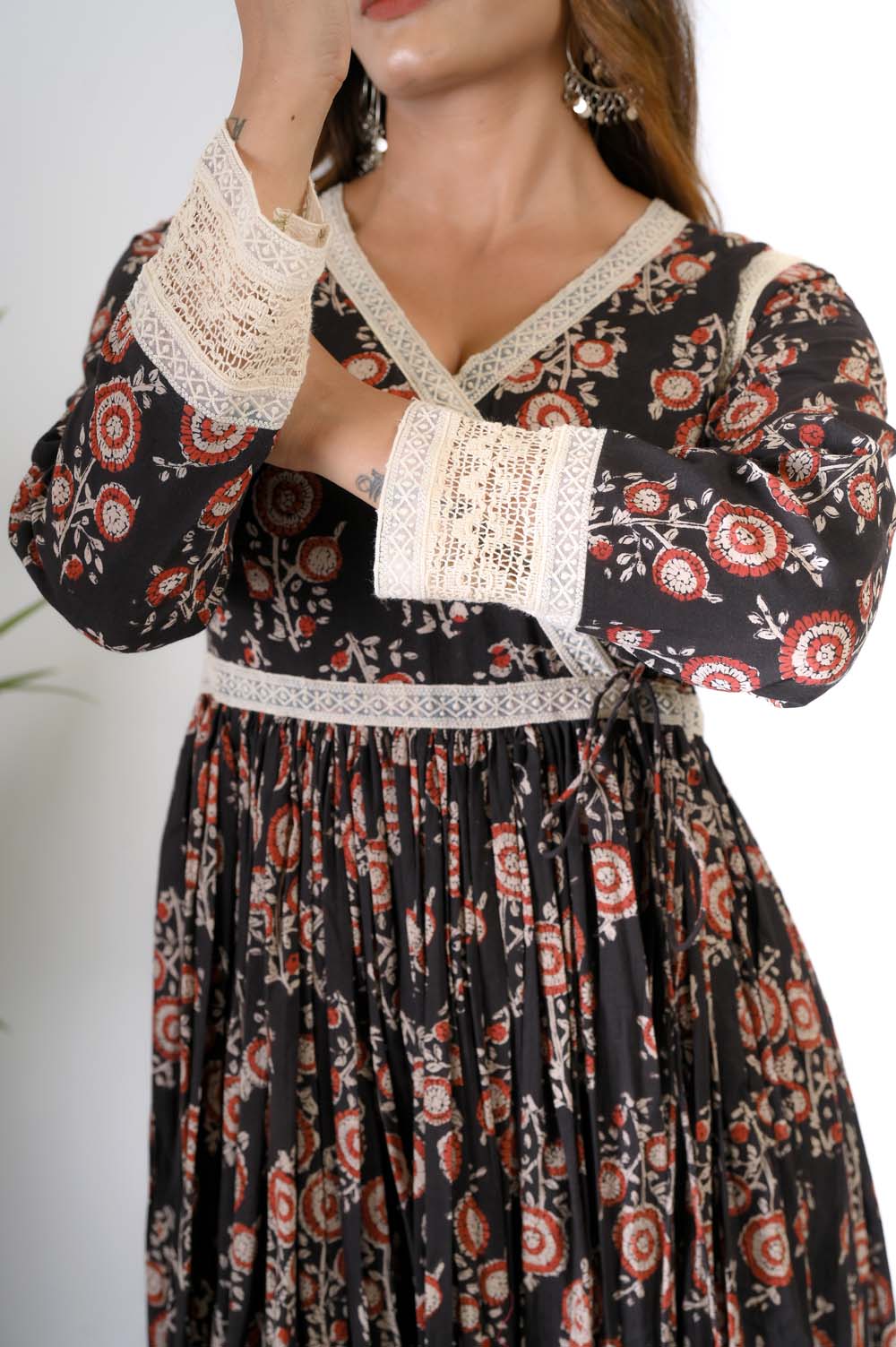 Angrakha Full Length Cotton Dress -  Closeup | Oopnik