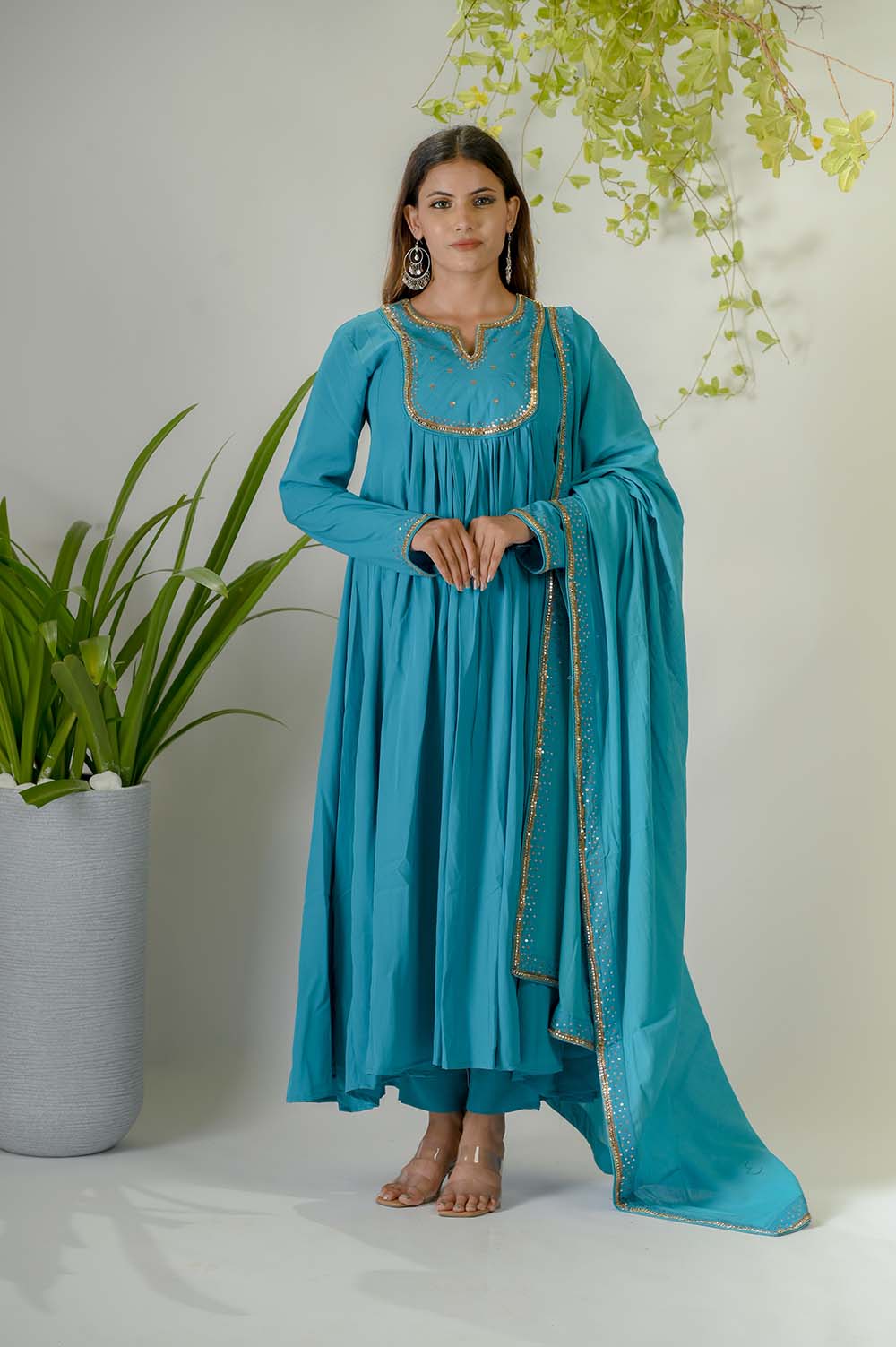 Blue Festive Wear Kurta Set For Women - Front View | Oopnik