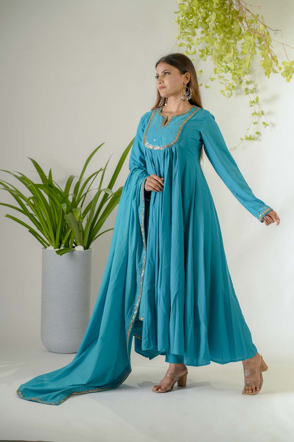 Blue Festive Wear Kurta Set For Women - Side View | Oopnik