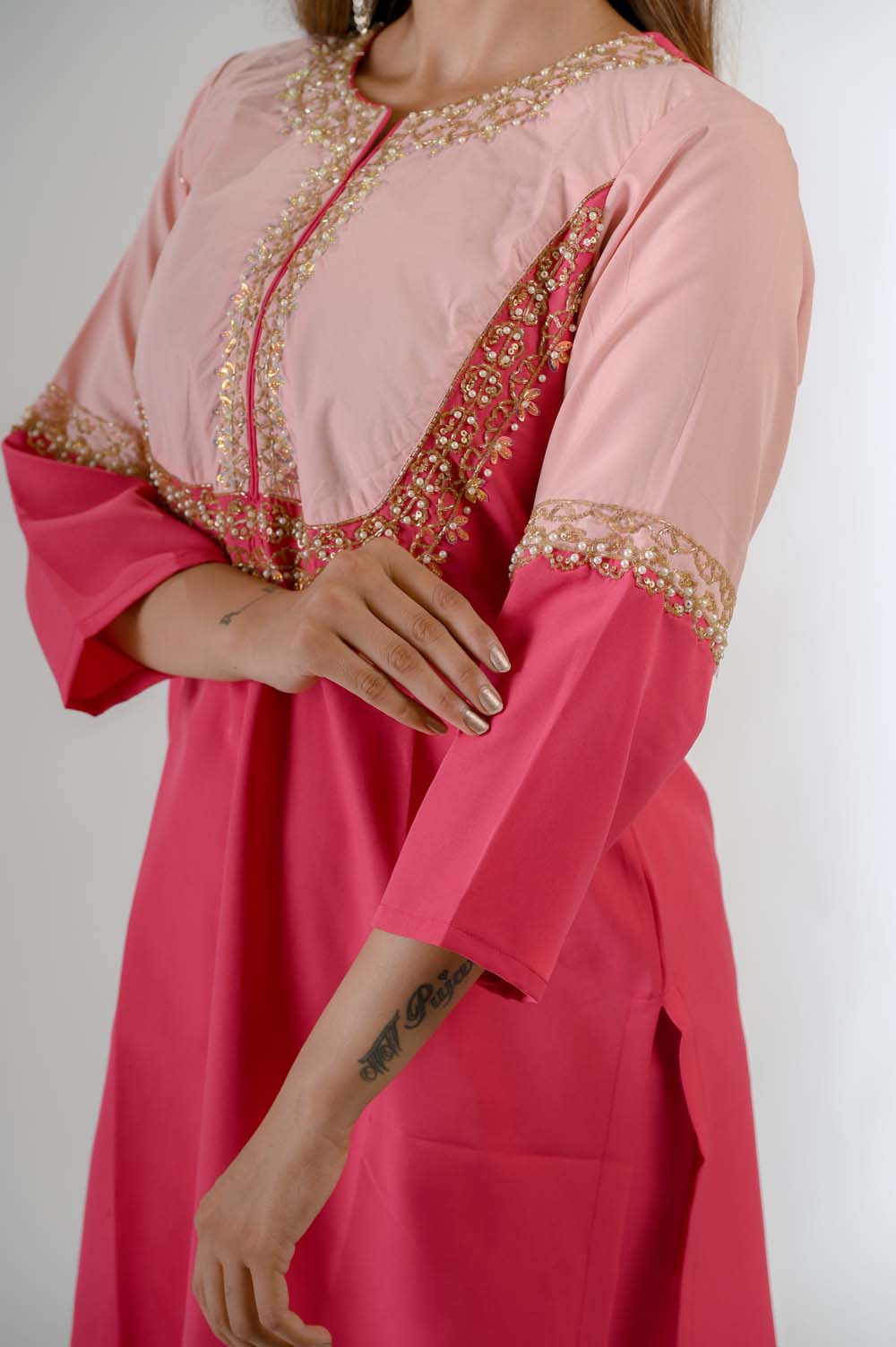 Pink Embroidered Kurta Set For Women - Sleeves Closeup | Oopnik