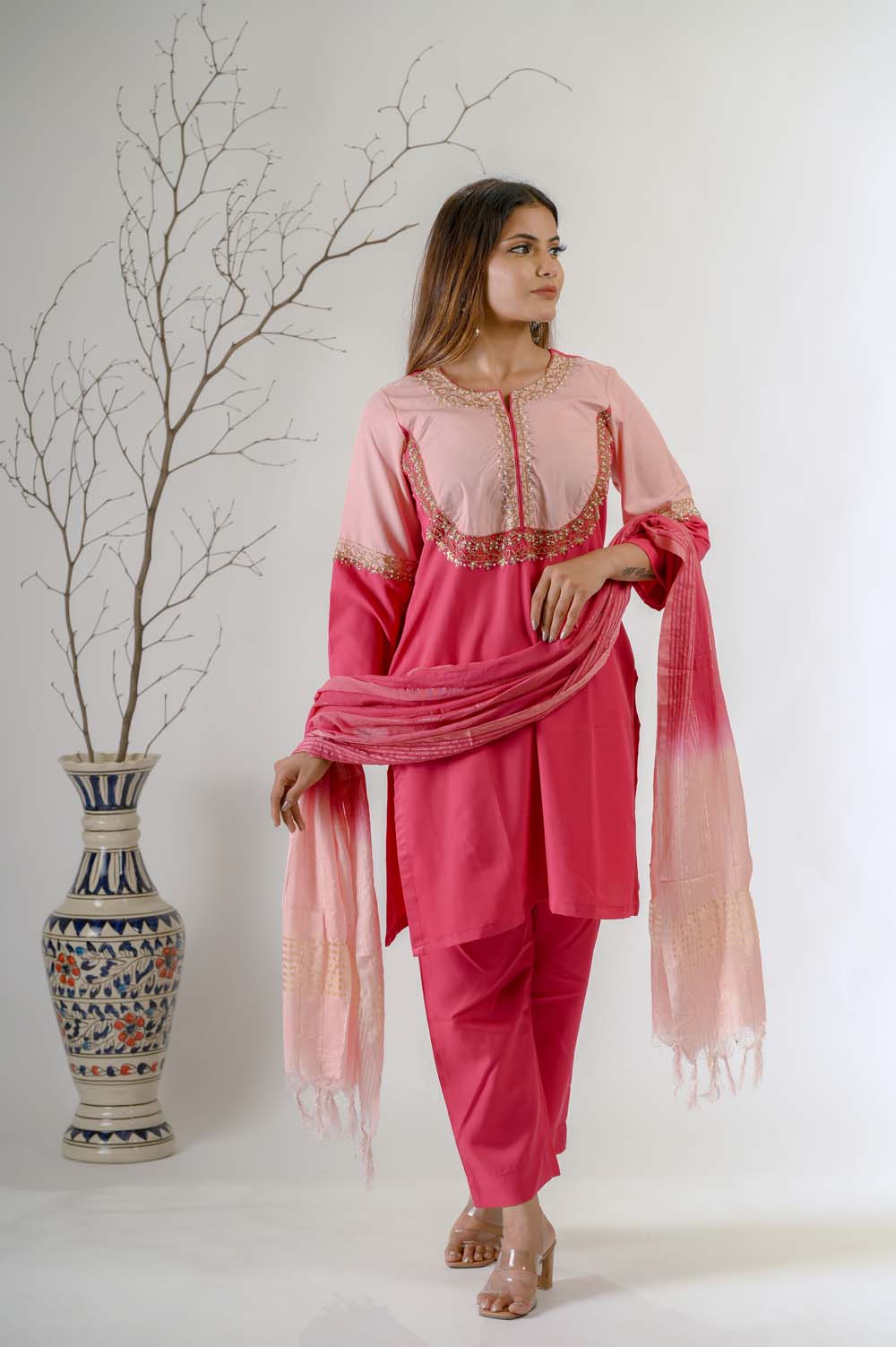 Pink Embroidered Kurta Set For Women