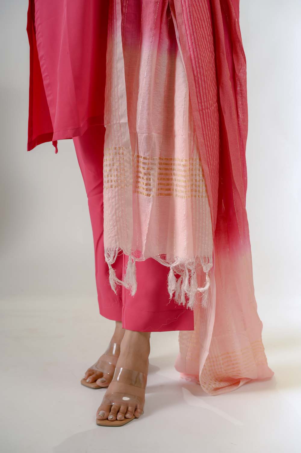 Pink Embroidered Kurta Set For Women - Bottom View | Oopnik