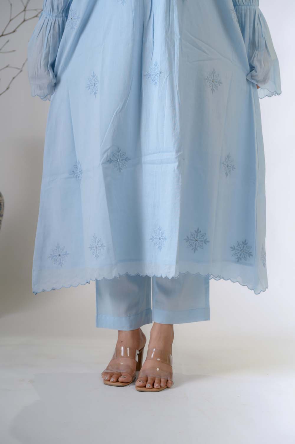 Blue Festive Wear Embroidered Kurta Set For Women - Fabric Detail | Oopnik