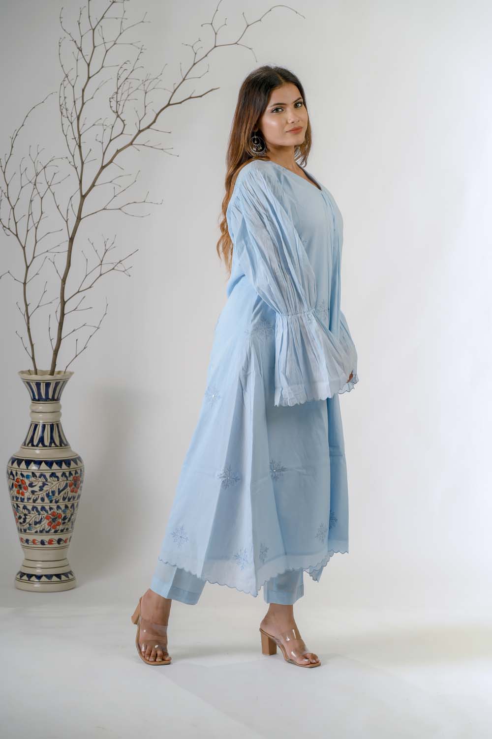Blue Festive Wear Embroidered Kurta Set For Women - Side View | Oopnik