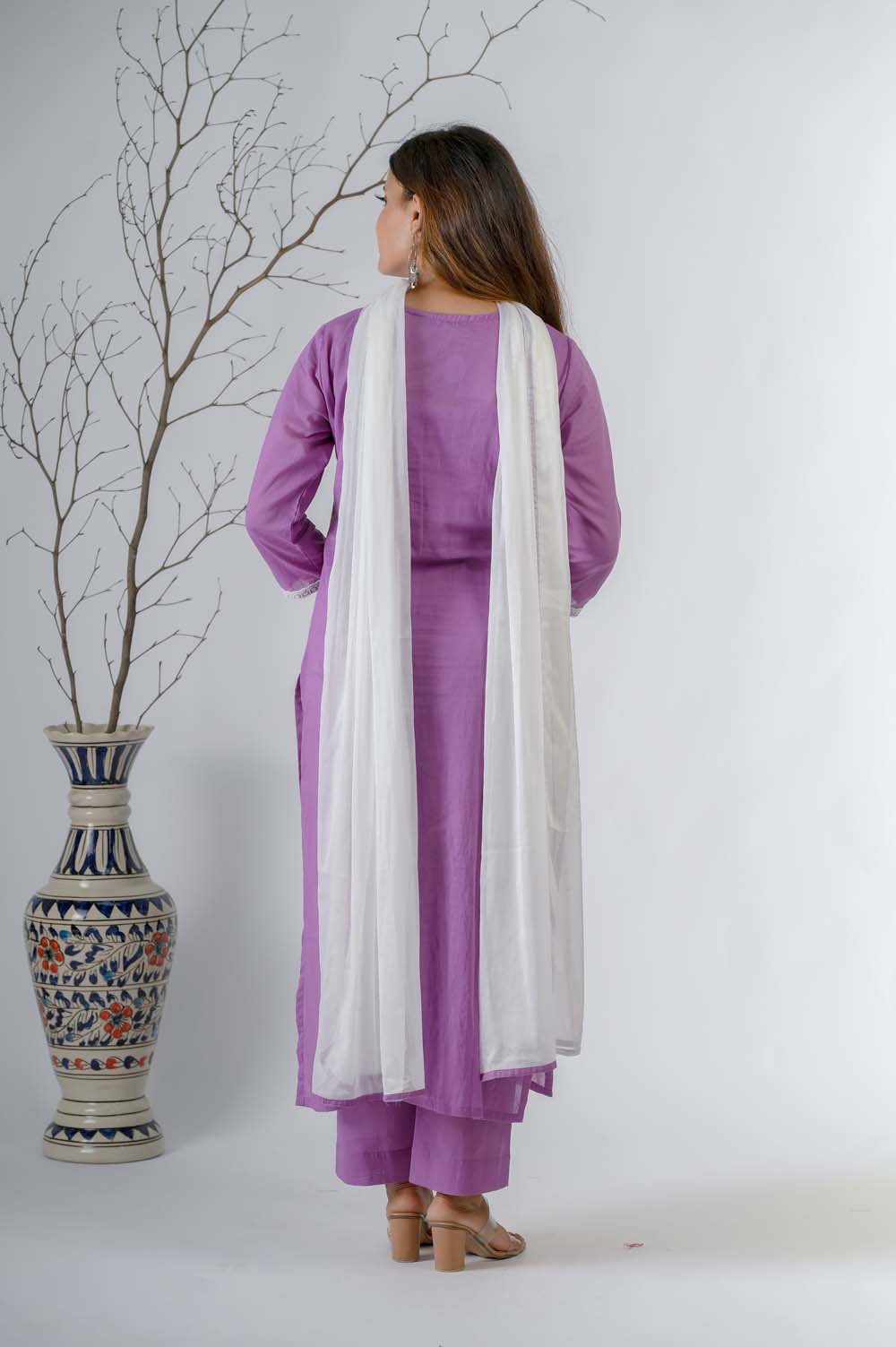 Purple Kurta Set For Women With Lace Work - Back View | Oopnik