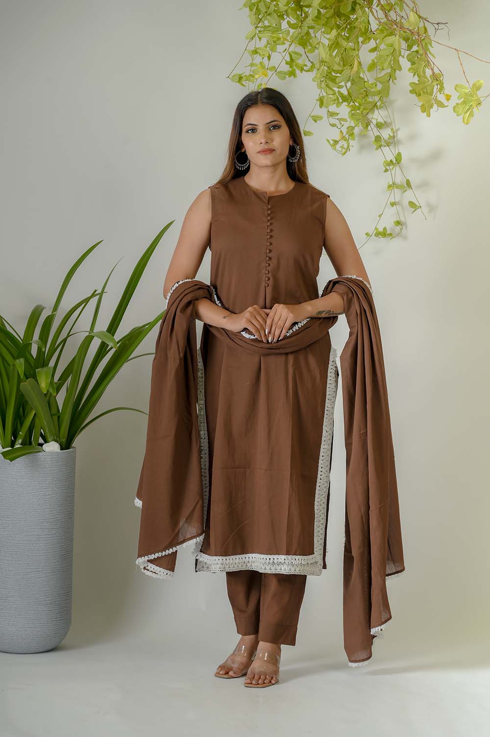 Brown Voile Festive Wear Kurta Set with Potli Buttons & Cotton Laces - Front View | Oopnik