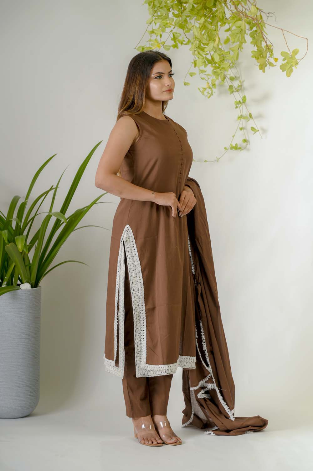 Brown Voile Festive Wear Kurta Set with Potli Buttons & Cotton Laces - Side View | Oopnik