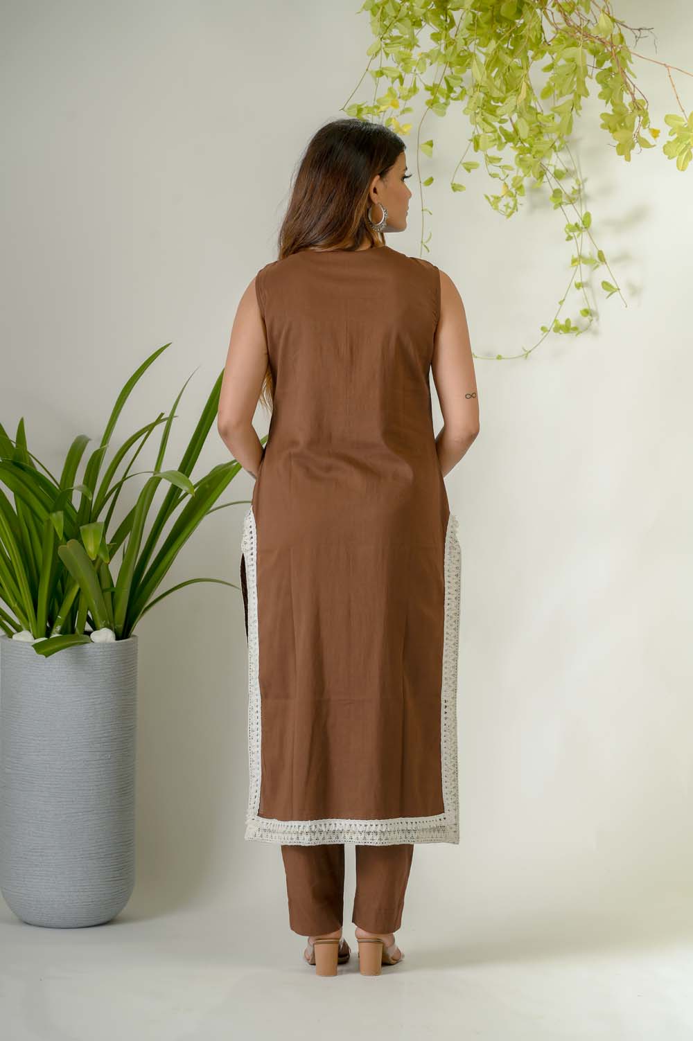 Brown Voile Festive Wear Kurta Set with Potli Buttons & Cotton Laces - Back Design | Oopnik