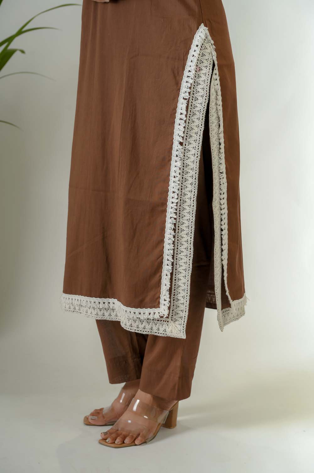 Brown Voile Festive Wear Kurta Set with Potli Buttons & Cotton Laces - Fabric Design | Oopnik