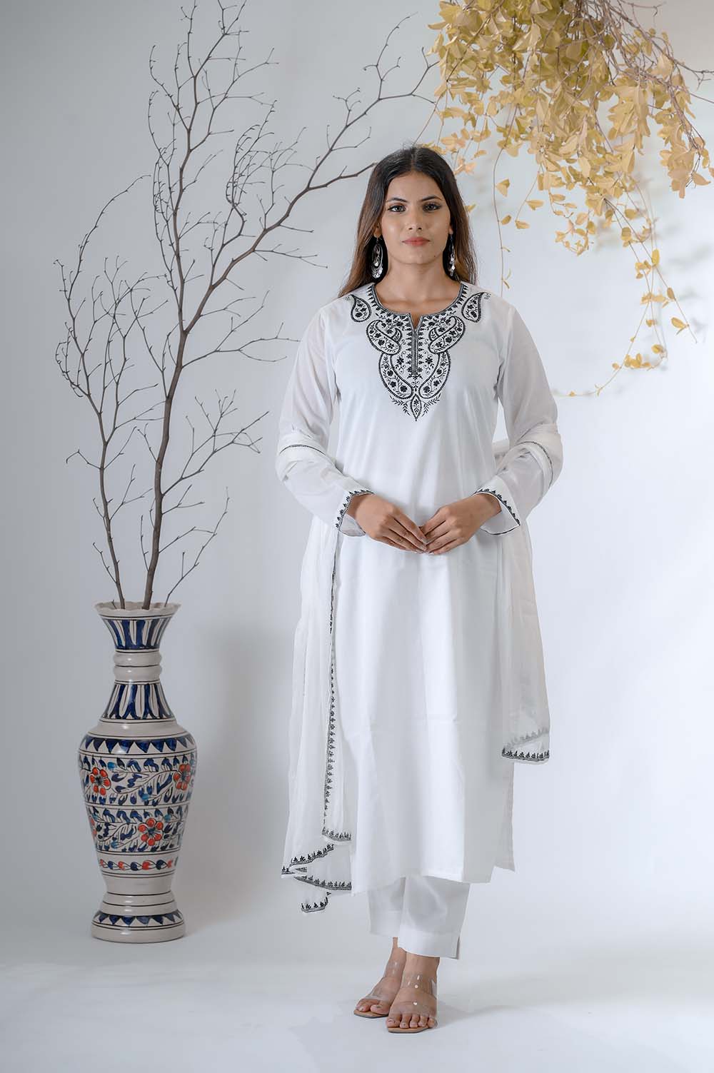 White Voile Festive Wear Kurta Set with Silk Thread Embroidery - Front View | Oopnik