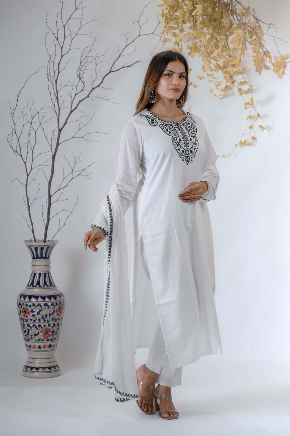 White Voile Festive Wear Kurta Set with Silk Thread Embroidery - Side View | Oopnik