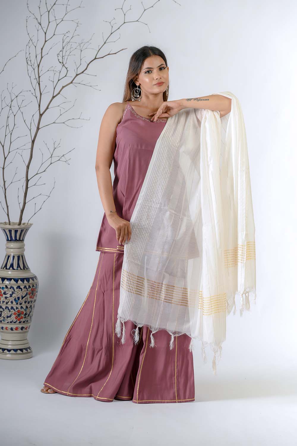 Light Purple Silk Festive Kurta Sharara Set for Women in Gota Lace & Zari Embroidery - Front View | Oopnik